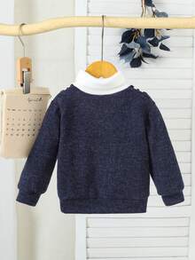 SHEIN 男婴 V 领二合一针织毛衣，高领针织套头衫，适合秋冬季 - 藏蓝色 - 查看 2