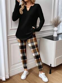 EMERY ROSE Plus Size Women Casual Long Sleeve Top & Plaid Pant 2 Pieces Set,Black And White,Autumn,Elegant,Smart Casual,Everyday Comfortable Lounge Outfits - Multicolor - View 4