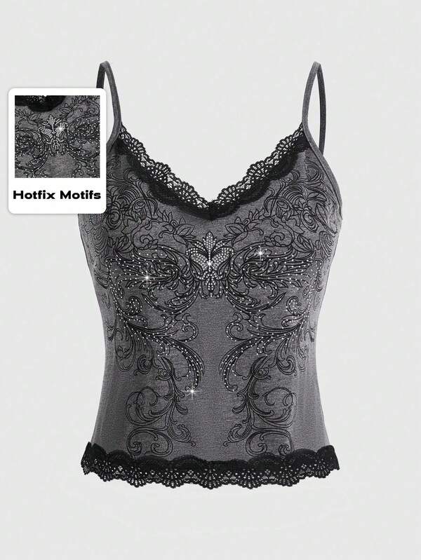 ROMWE Fairycore Women's Rhinestone Floral Pattern Contrast Lace Camisole