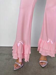 Sweetina Women's Casual Pink Fashion Cute Simple Solid Color Overlap Waist Bow Decor Multi-Layer Ruffle Hem Flare Pants - Pink - View 6