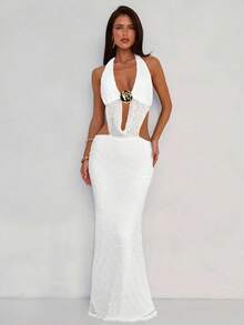 Aloruh 女士度假深V领海星纯白色纹理露背吊带高开衩连衣裙 - 白色 - 查看 6