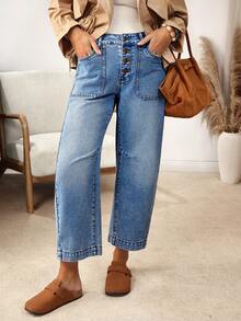 EMERY ROSE 女式蓝色休闲宽松牛仔裤（配腰带环） - 藍色 - 查看 5