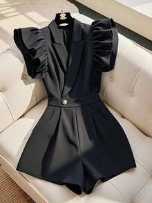 GlowEve 女士优雅通勤时尚精致盖袖西装领连体裤，春夏 - 黑色 - 查看 1