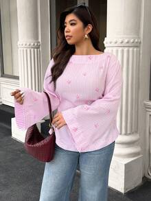 Easura Plus Size Women Heart Striped Tie Back Casual Shirt, Suitable For Valentine's Day - Pink - View 4