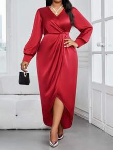 SHEIN Lady 加大码纯色 V 领褶饰优雅长袖连衣裙超长款女装秋季服装 - 紅色 - 查看 5