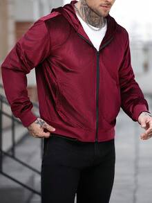 Manfinity Homme 男士纯色长袖拉链休闲连帽卫衣，秋季红色拉链连帽衫，冬季款 - 紅色 - 查看 4