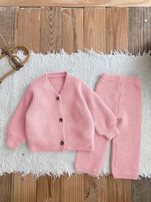 SHEIN LMoss Kids Conjunto de 2 piezas de LMoss para bebé niña: Cardigan y pantalón de pierna ancha de punto, adecuado para exteriores y ocasiones casuales en otoño e invierno - Rosa - Ver 3