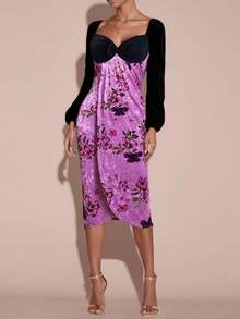 SHEIN Raffinéa Velvet Printed Fitted Long Sleeve Dress,Black And Purple,Autumn,Elegant,Dinner Date,Purple Floral Bustier Corset Top Wedding Party Night Dress - Multicolor - View 5