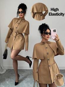 SHEIN Elenzya Women's Elegant Khaki Autumn Windbreaker,Cape-Style Mandarin Collar Long Sleeve Cinched Waist Single-Breasted Jacket,British Style Office Outerwear - Khaki - View 1