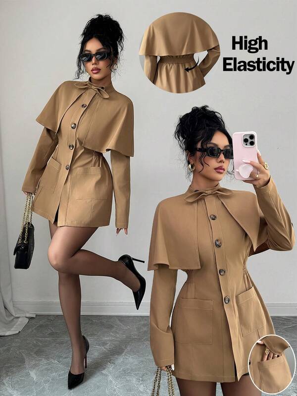 SHEIN Elenzya Chaqueta de mujer de estilo británico de largo medio con cuello mao, manga larga, cintura ceñida, bolsillos, abertura frontal con lazo, estilo capa, de un solo pecho, de estilo elegante y sencillo para uso diario y viajes, de alta gama y elegante, para otoño/invierno, en color caqui