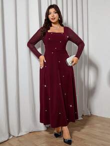 Modelyn Váy lưới kim loại dài tay màu đỏ rượu vang cỡ lớn, thanh lịch - Đỏ - Xem 6