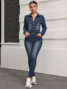 SHEIN PETITE Women's Retro Style Long Sleeve Denim Jumpsuit