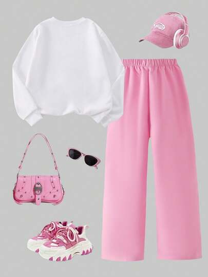 SHEIN ChillGRL Áo nỉ cổ tròn màu trắng phong cách thường ngày dễ thương cho bé gái 8-12 tuổi in chữ và nơ màu hồng, kết hợp với quần cạp rút màu hồng, bộ 2 món