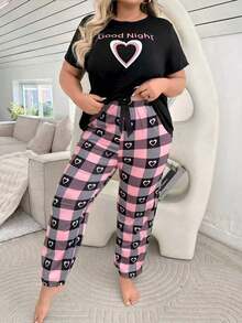Plus Size Heart & Letter Print Homewear Pajama Set - Multicolor - View 3
