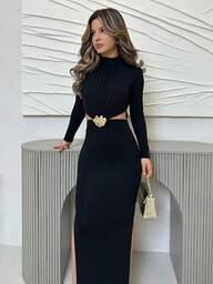 Jemour Women's Sexy Fashionable Elegant High Collar Side Hollow Front Center Metal Button Decoration Slim Black Long Sleeve Dress Christmas Party Women Dress New Year Eve Dress Christmas Dress Thanksgiving Dress Holiday Dress New Years Dress Christmas Party Dress Party Women Dresses