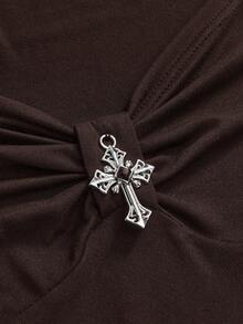 ROMWE Gothic Cross Decor Asymmetrical Hem Mini Dress - Coffee Brown - View 4