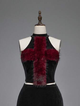 Goth Gilet vintage gotico in velluto con decorazioni in pelliccia a forma di croce