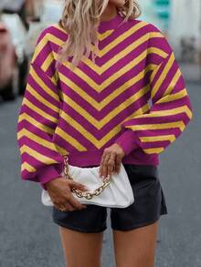 SHEIN LUNE Women's Crew Neck Striped Pattern Casual Long Sleeve Pullover Sweater, Autumn/Winter - Red Violet - View 6