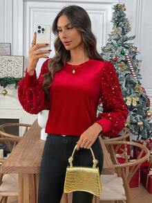 EMERY ROSE 女士拼接圆领长袖上衣，秋季可爱红色上衣，撞色亮片圣诞新年闪亮上衣，圣诞节 - 紅色 - 查看 7