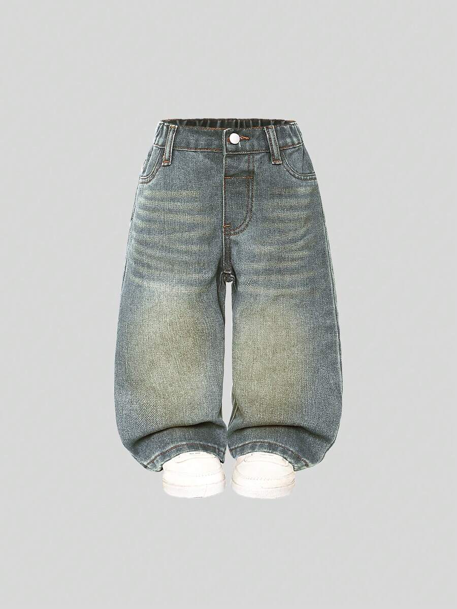 SHEIN Playful Pals 女婴休闲百搭简约 Y2K 街头风格做旧宽松直筒水洗蓝色舒适牛仔裤，适合日常穿着 - 淺色水洗藍 - 查看 1