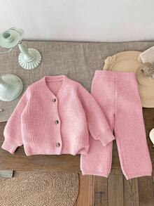 SHEIN LMoss Kids Conjunto de 2 piezas de LMoss para bebé niña: Cardigan y pantalón de pierna ancha de punto, adecuado para exteriores y ocasiones casuales en otoño e invierno - Rosa - Ver 6