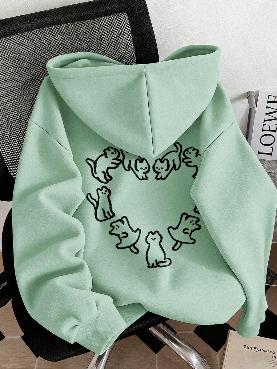 INAWLY Cute Cat & Heart Print Women Hooded Long Sleeve Sweatshirt, Casual Sweatshirt For Autumn/Winter - Green - View 1