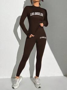 SHEIN Essnce Casual 2pcs/Set Women Los Angeles Slogan Graphic Long Sleeve Tight Fit Crew Neck T-Shirt And High Waist Leggings, Suitable For Spring/Autumn - Coffee Brown - View 4