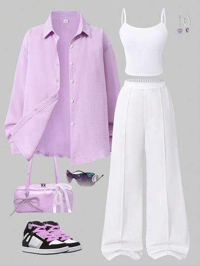 Sparklyn 3pcs/Set Teenage Girls Casual Commute Outfit, Delicate Fresh Floral Print Lightweight Shirt, Basic Camisole, And Solid Color Wide Leg Pants, Spring/Summer