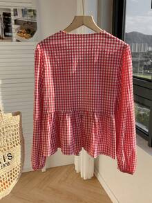 Comfortcana 大码初秋红色格子长袖蝴蝶结衬衫