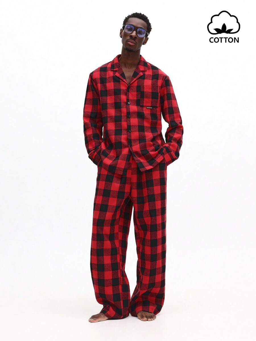 SUMWON Plaid Flannel Loungewear Pajama Set With Button Up Shirt And Matching Pants For Cozy Winter Nights - Red - View 1