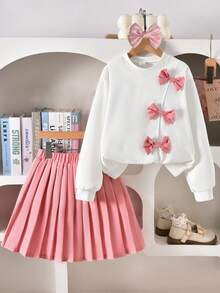 2pcs Set: Bow Decor Khaki Long Sleeve Sweatshirt & Black Pleated Mini Skirt - Pink - View 5