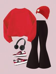 2pcs Young Girls Casual Chic Leopard Bow Print Red Crew Neck Sweatshirt And Black Flare Pants Set, Autumn/Winter Girls Sweatshirt And Pants 2-Piece Outfit - Multicolor - View 2