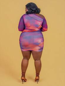 CurvyTilda Plus Size Women's Fashion Ombre Asymmetrical Neck Mini Dress, For Hourglass Body Shape