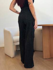 Abrilcols Ropa de mujer para invierno y otoño, pantalones vaqueros rectos casuales de cintura media con múltiples bolsillos decorados con strass negros para mujer. Para uso diario, salidas, conciertos, festivales, fiestas, ropa de club, ropa navideña para mujer - Negro - Ver 6