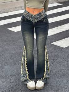 Rivivi Jeans acampanados de mujer con estampado de jacquard y parches en estilo retro y vintage - Azul lavado oscuro - Ver 6