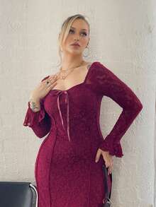 Arliah 女士优雅蕾丝长袖中长连衣裙长款晚礼服 - 酒紅色 - 查看 4