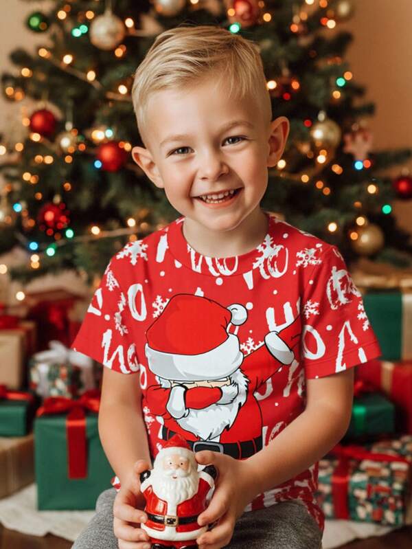 SHEIN Camiseta casual clássica de Natal para meninos, Feliz Natal, Papai Noel, estampa gráfica, confortável, manga curta, gola redonda, adequada para outono/inverno, adequada para o Natal