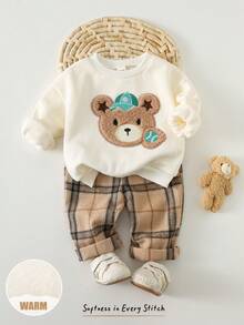 Cozy Pixies 2pcs/Set Baby Boys Cartoon Bear Pattern Knitted Soft Crew Neck Long Sleeve Pullover Sweatshirt And Elastic Waist Long Pants Set, Thermal Lined Thick For Winter - Apricot - View 1