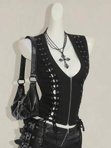 SHEIN X YERIMUA SHEIN ICON Y2k Women's Black Goth Sexy Solid Color Keyhole Tie-Up Zipper Front Fitted Tank Top - Black - View 3