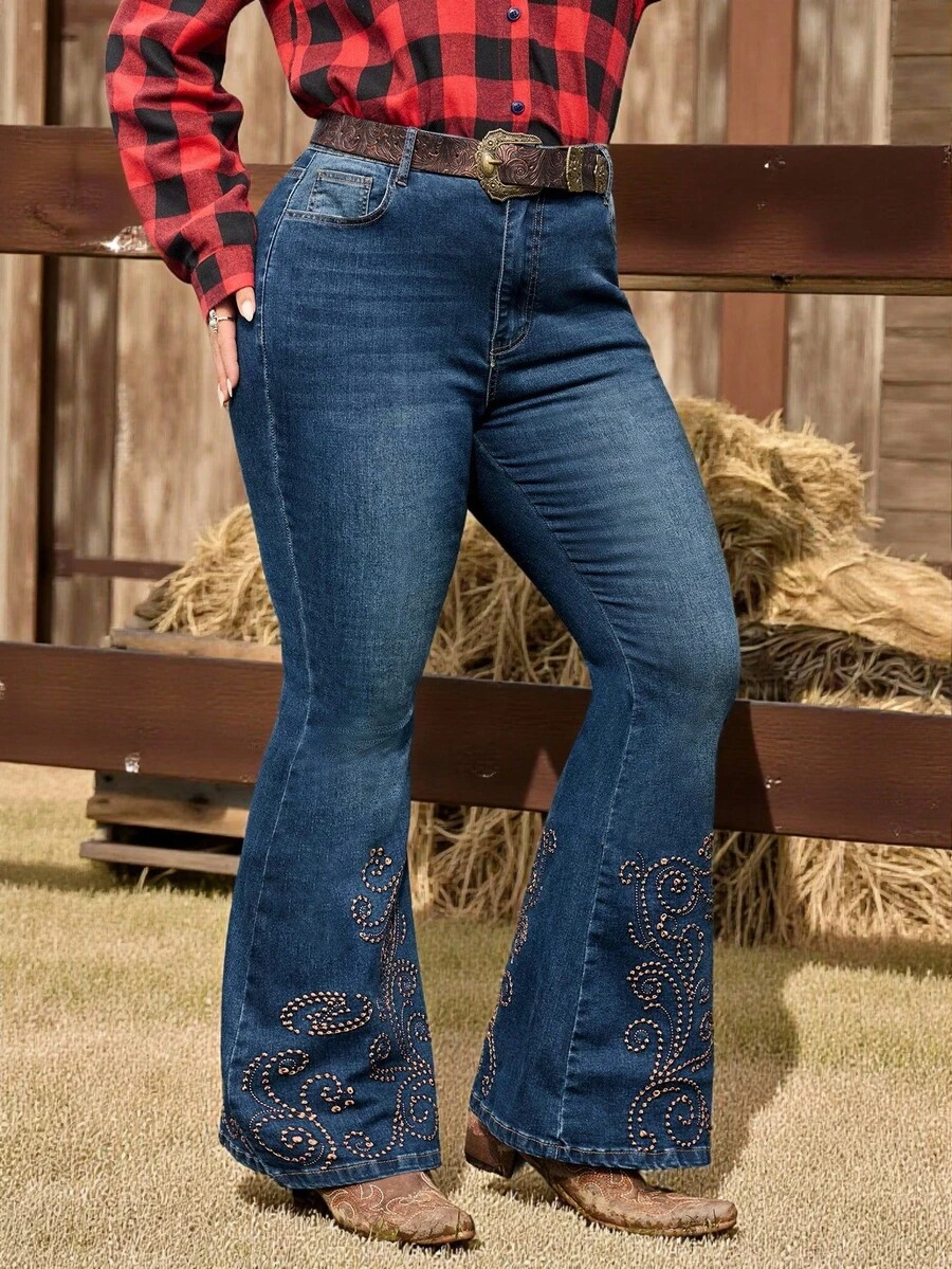 EMERY ROSE Plus Size Women Navy Vintage Embroidered Flare Jeans - Dark Wash - View 1
