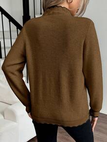 Elenzga Jersey de cuello redondo con volantes y bloques de color para mujer, manga larga, sencillo y para uso diario - Marrón Chocolate - Ver 2
