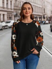 EMERY ROSE Plus Size Women Vintage Floral Print Sweatshirt, Suitable For ,Spring - Multicolor - View 7