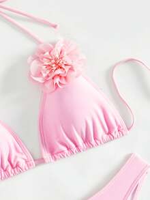 Swim Lushoire Summer Beach Women's Triangle Halter Bikini Set With 3d Flower Patched - Pink - View 4