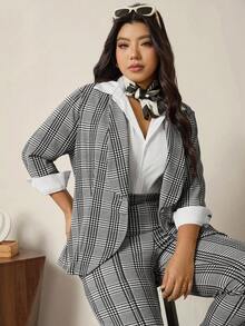 Zelara Plus Size Casual/Office Minimalist Blazer And Pants 2 Pieces Suit Set Casual Sets For Women Casual Outfit For Women Thanksgiving Outfit For Women Fall Outfits For Women Women's Winter Clothes Party Outfit Thanksgiving Winter Clothes New Year Outfit  Casual Sets For Women  Casual Blouses For Ladies Plaid - Black and White - View 6