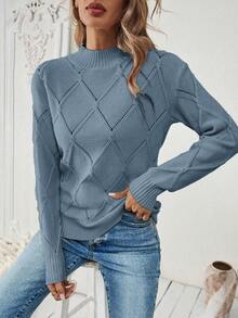 EMERY ROSE Women's Solid Color Casual Drop Shoulder Fitted Sweater, Autumn/Winter Thin Sweater - Blue - View 4