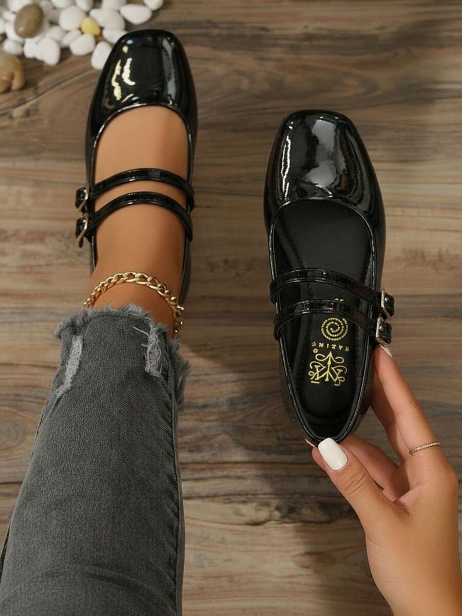 Bailarina para mujer charol brillante+punta cuadrada+doble correa+suela plana+estilo clásico elegante+trabajo diario+zapatos planos - Negro - Ver 1
