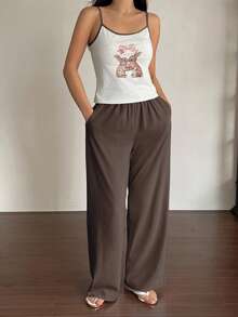 DAZY 3pcs Contrast Color Cute Rabbit Print Camisole Cardigan & Solid Color Pants Women Pajama Set - Brown - View 4