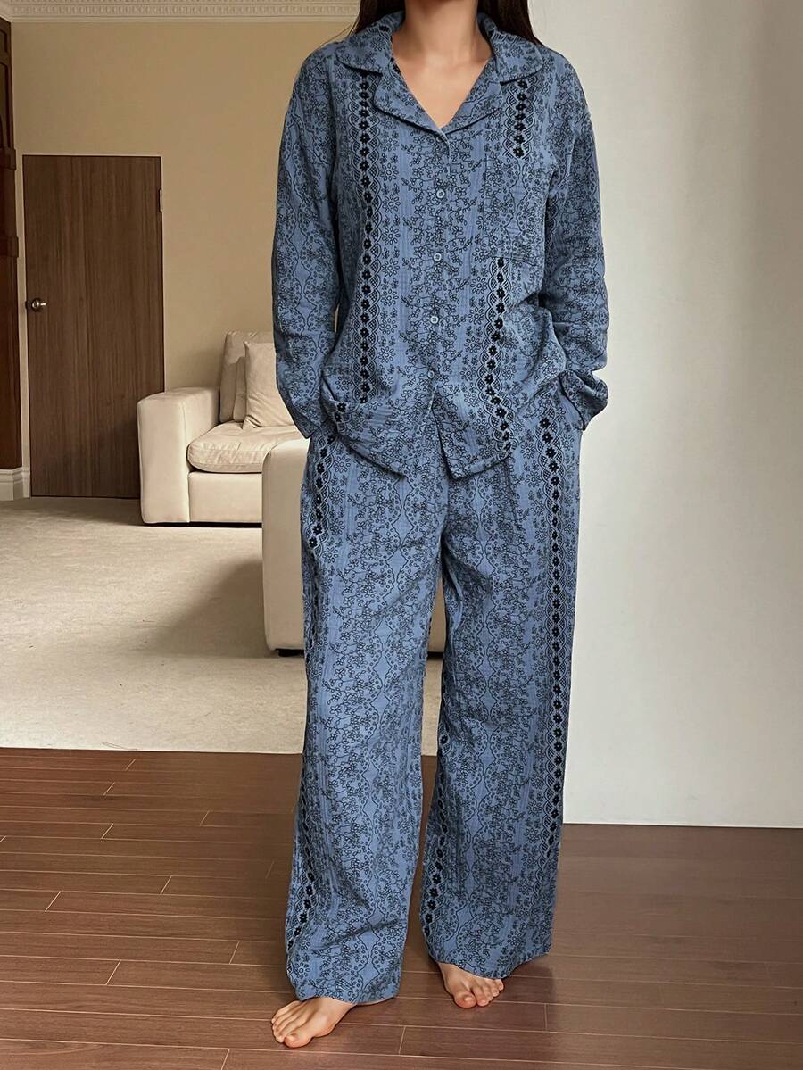 DAZY Bộ đồ ngủ nữ bằng vải chiffon in hoa, kiểu dáng nghỉ dưỡng, trang phục mùa đông. - Màu xanh lam - Xem 1