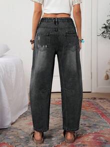 SHEIN PETITE Quần Jeans Nữ Dáng Rộng Thường Ngày Có Túi - Xám - Xem 2
