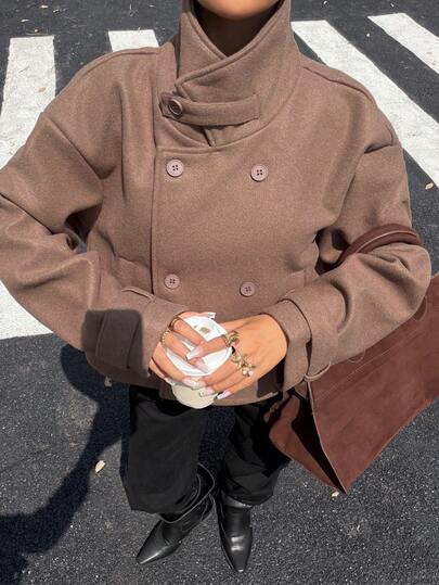 SHEIN EZwear 女式休闲日常缺口领双排扣棕色大衣，秋季